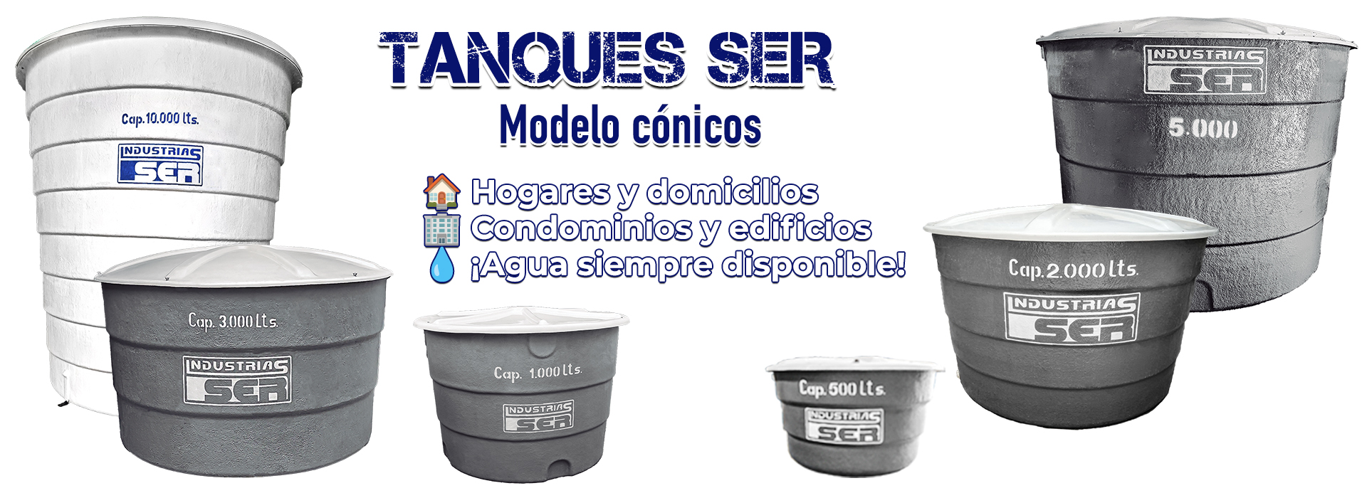 Banner de tanques cónicos SER de fibra de vidrio (PRFV) para hogares, condominios y edificios en Bolivia.